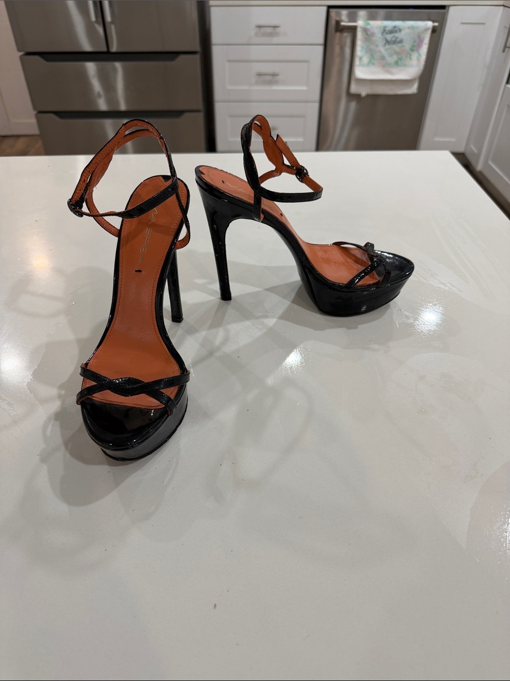Via Spiga Black Patent Platform Stiletto Sandals